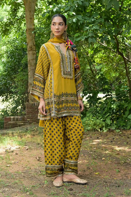 Mustard Solid Crepe Short Kurti With Farshi Pant And Dupatta