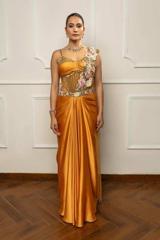 Mustard yellow drape saree set woth bodysuit