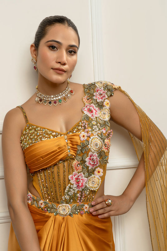 Mustard yellow drape saree set woth bodysuit