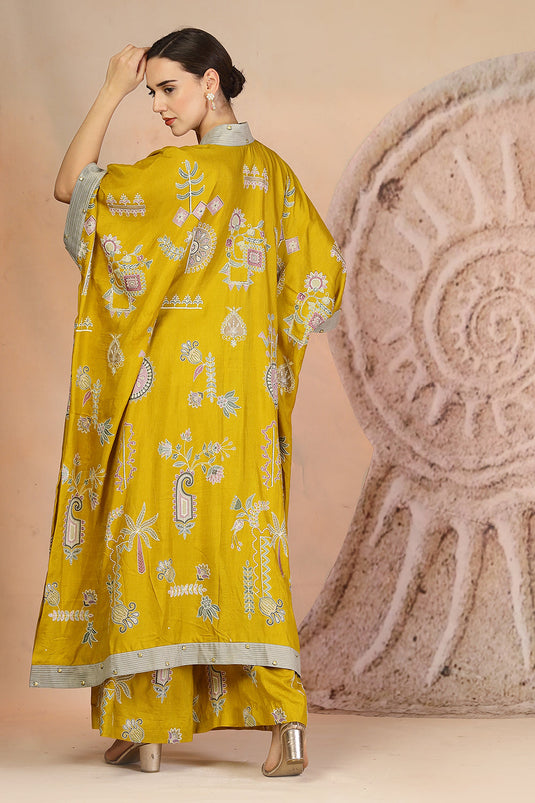Mustard Yellow Slub Cotton Kaftan Set with Tribal Patchwork & Metallic Accents