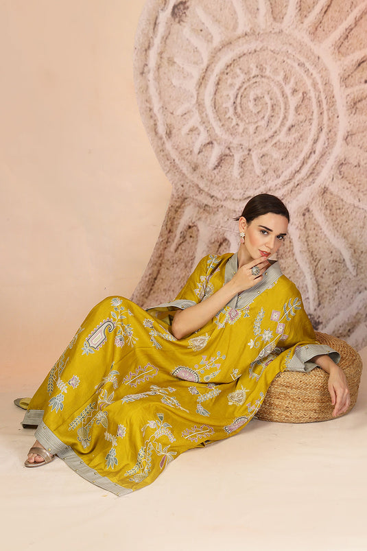 Mustard Yellow Slub Cotton Kaftan Set with Tribal Patchwork & Metallic Accents