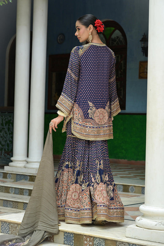 Navy Blue Crepe Sharara Suit With Embroidered Kurta And Dupatta