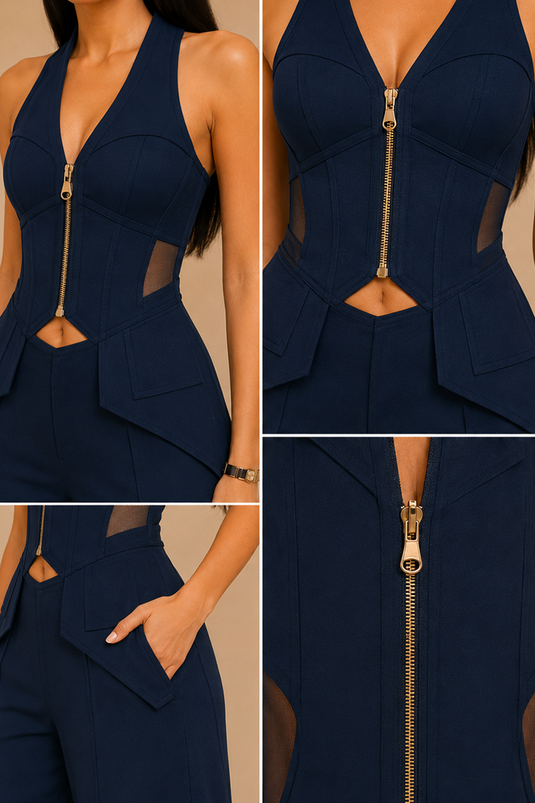 Navy Blue Zip Front Crop Top with Wide-Leg Mesh Panel Pants Co-Ord Set