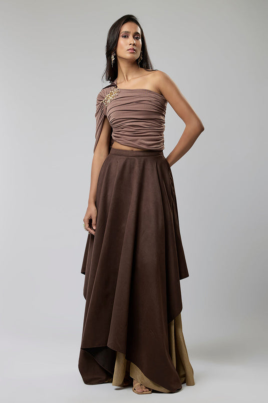 Nude & Brown One Shoulder Top with Skirt