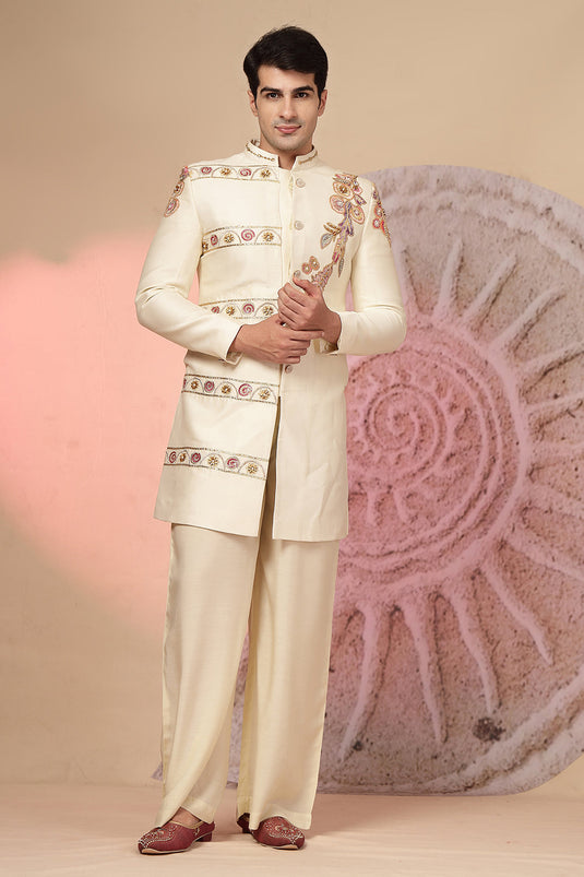 Off-White Embroidered Jacket With Palazzo Pant