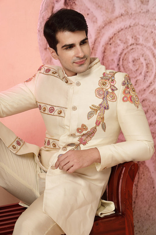 Off-White Embroidered Jacket With Palazzo Pant