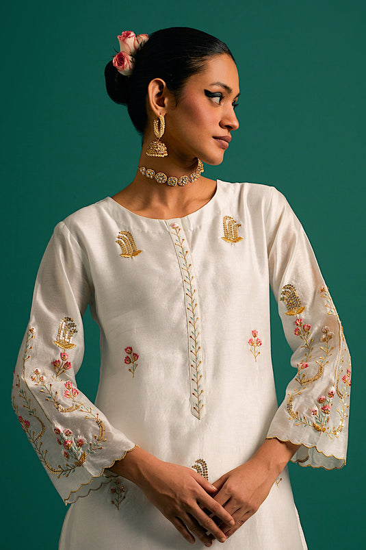 Off White hand embroidered silk chanderi kurta and pant Set with dark pink chanderi dupatta