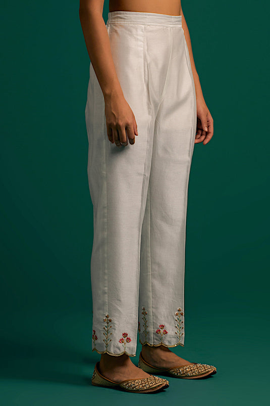 Off White hand embroidered silk chanderi kurta and pant Set with dark pink chanderi dupatta