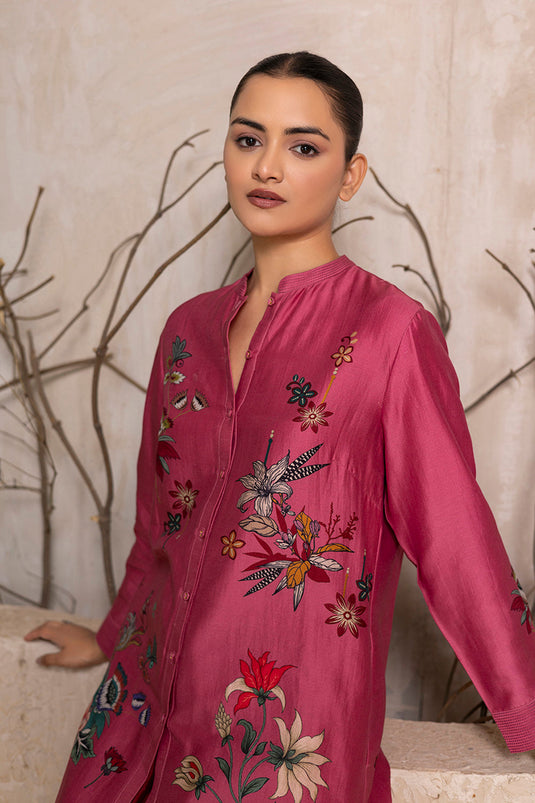 Old Rose Silk Chanderi Printed Shirt Style Tunic