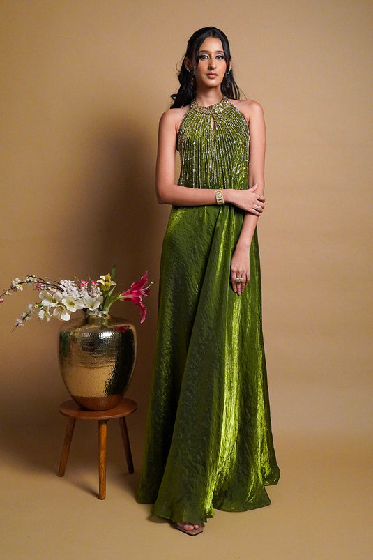 Olina Green Tissue Halter Gown
