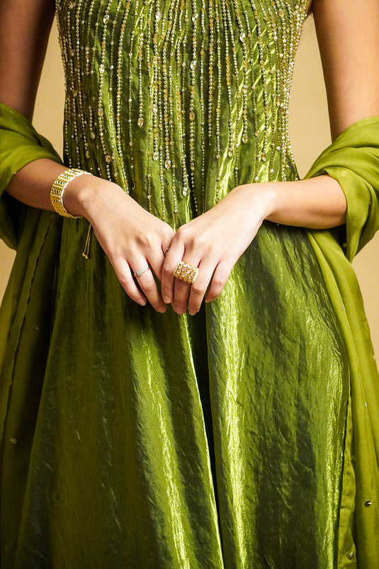 Olina Green Tissue Halter Gown with Dupatta
