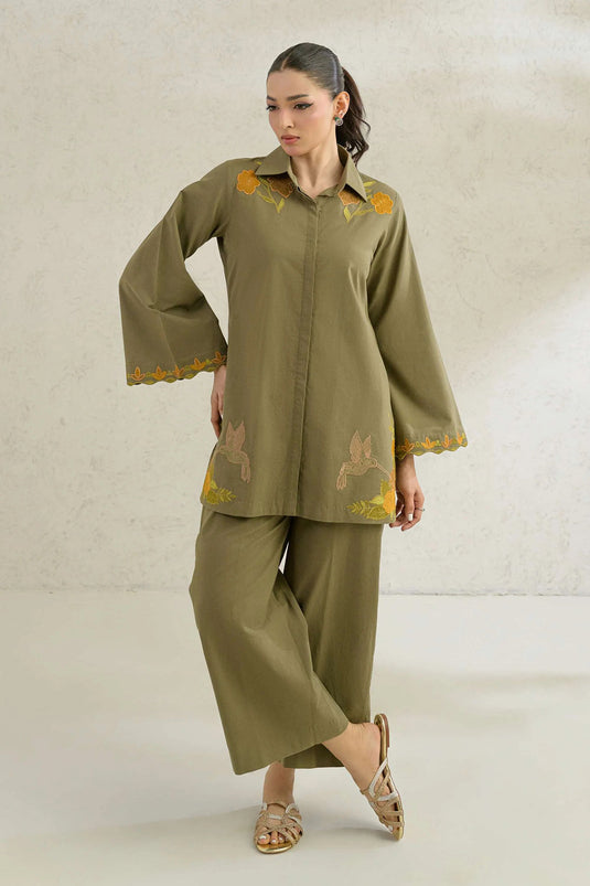 Olive Embroidered Comfort Fit Co-Ord Set