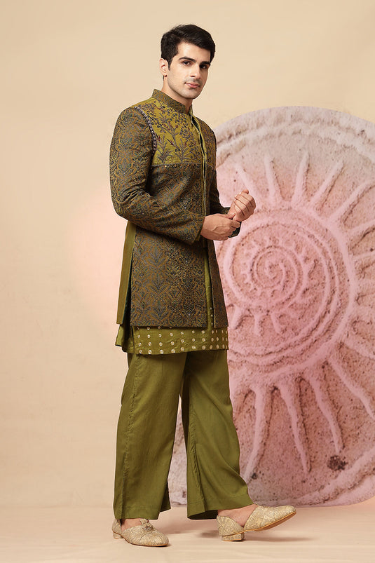 Olive Green Embroidered Indo-Western Kurta Set With Designer Jacket