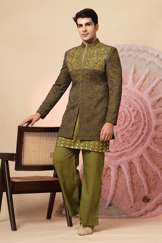 Olive Green Embroidered Indo-Western Kurta Set With Designer Jacket