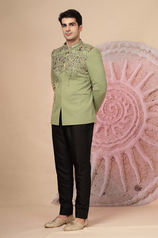 Olive Green Embroidered Jacket Set