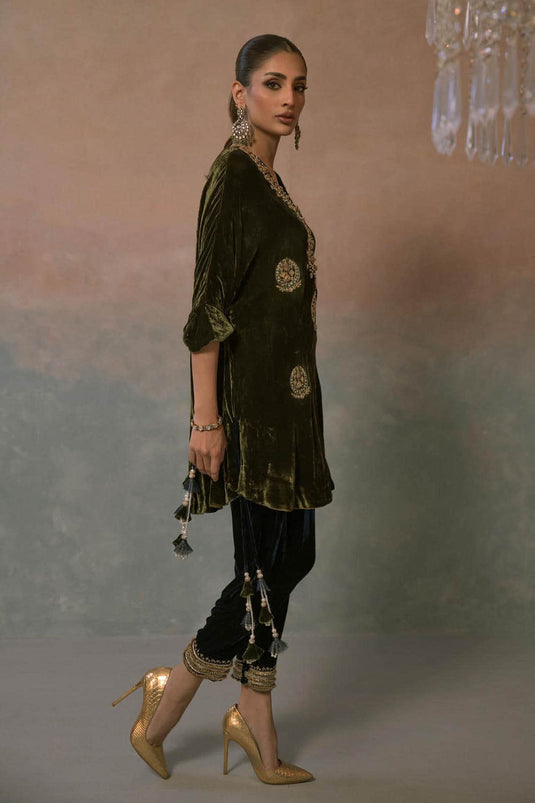 Olive Opulence Embroidered Velvet Set