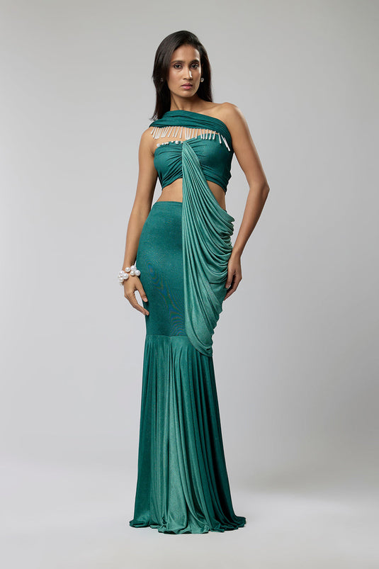 Ombre Green Asymetric One Shoulder Gown