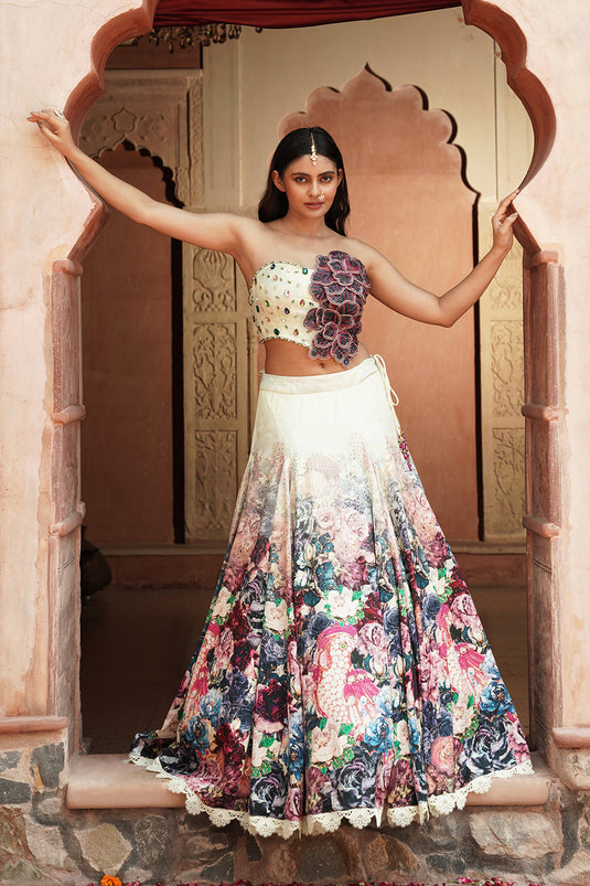 One Shoulder Floral Pastel Designer Lehenga Set