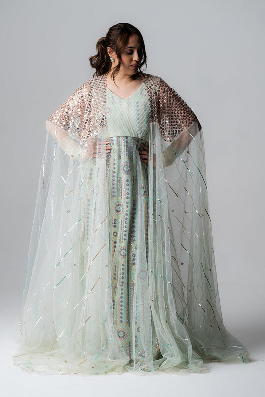 Pastel Mint Net Gown with Sequin Cape