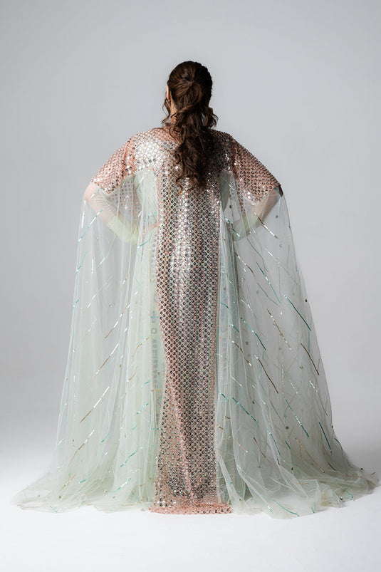 Pastel Mint Net Gown with Sequin Cape