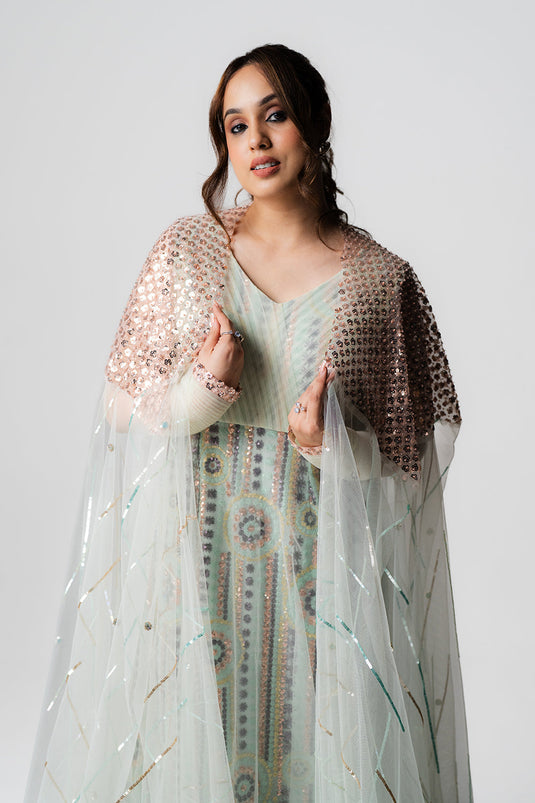 Pastel Mint Net Gown with Sequin Cape