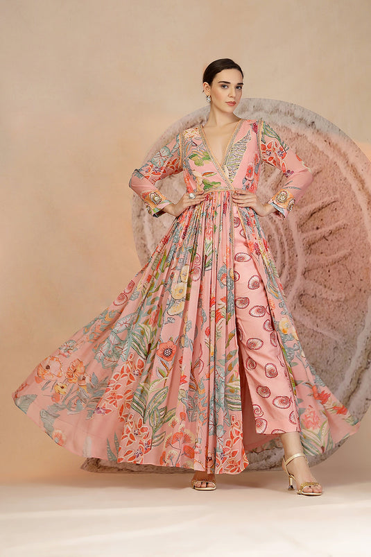 Pastel Pink Anarkali Kurta Set with Coral Print Pants & Embroidery