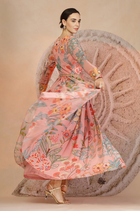 Pastel Pink Anarkali Kurta Set with Coral Print Pants & Embroidery