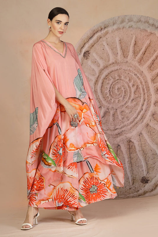 Pastel Pink Floral Muslin Silk Kaftan Set with Metal Beadwork