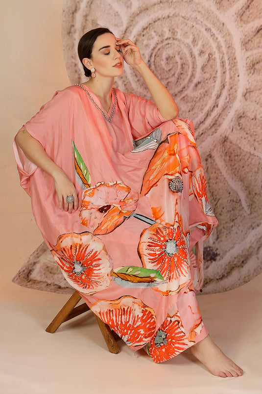 Pastel Pink Floral Muslin Silk Kaftan Set with Metal Beadwork