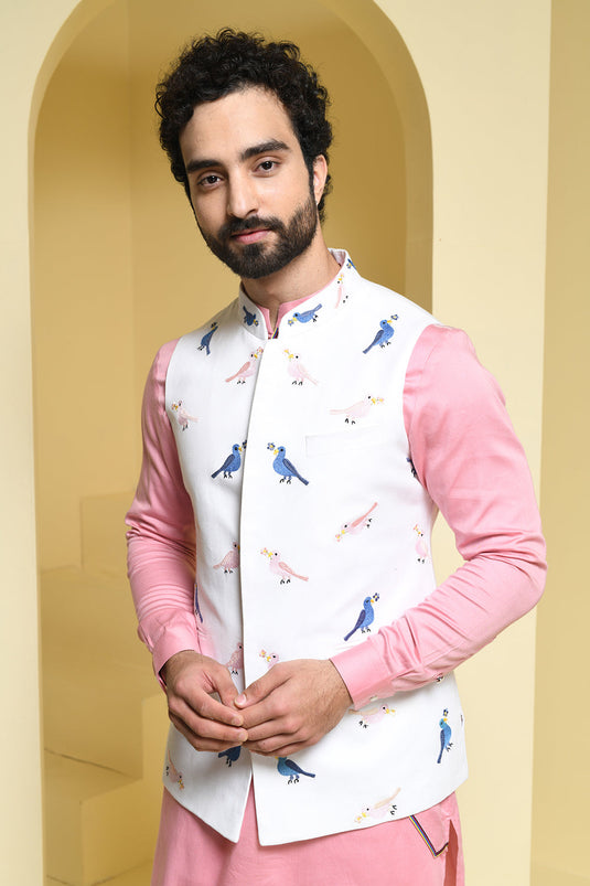 Pastel pink Kurta Pants with contrasting cotton embroidered jacket