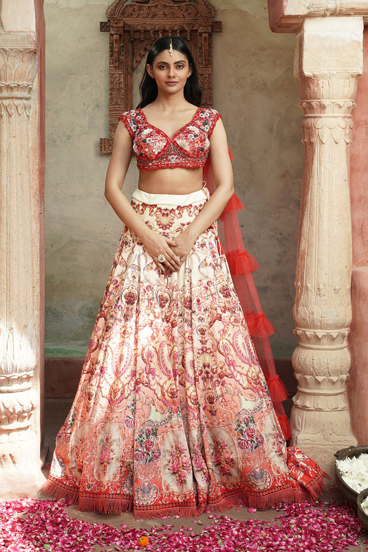 Peach & Red Floral Embroidered Bridal Lehenga With Ruffle Dupatta