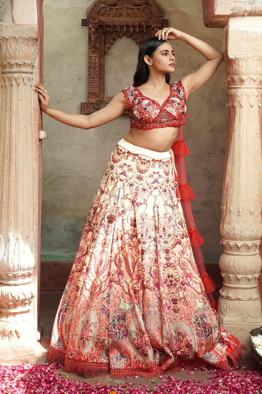 Peach & Red Floral Embroidered Bridal Lehenga With Ruffle Dupatta
