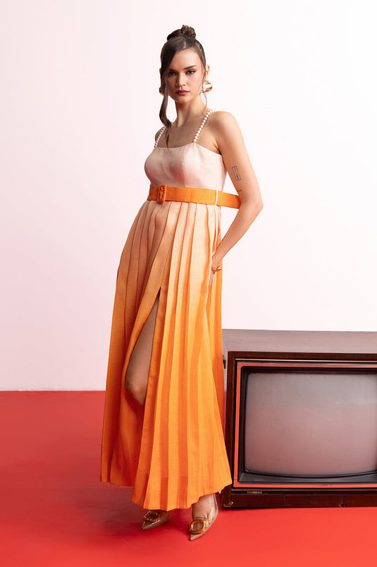 Peach Orange Ombre Pleated Maxi Dress