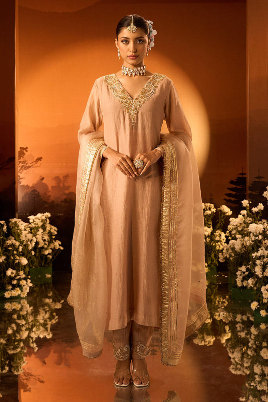 Pink Chanderi Embroidered Kurta Set