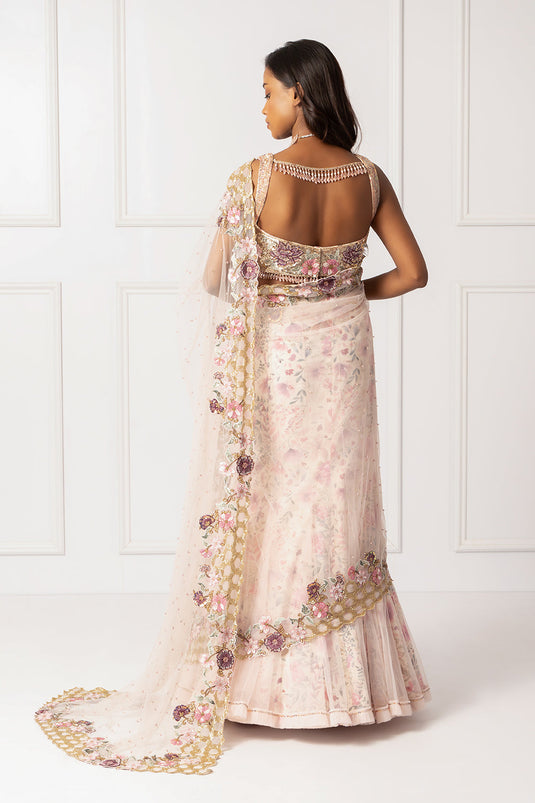 Pink embroidered drape saree set