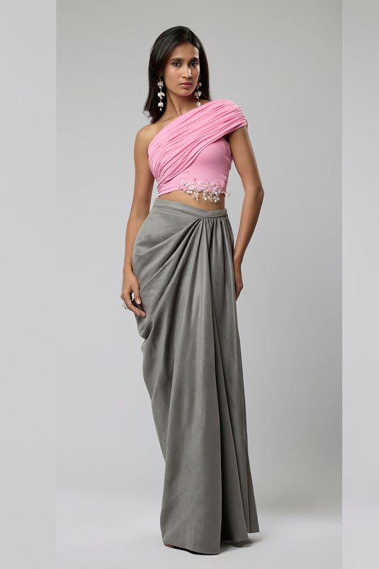 Pink & Grey One Shoulder Crop Top with High Waisted Draped Skirt