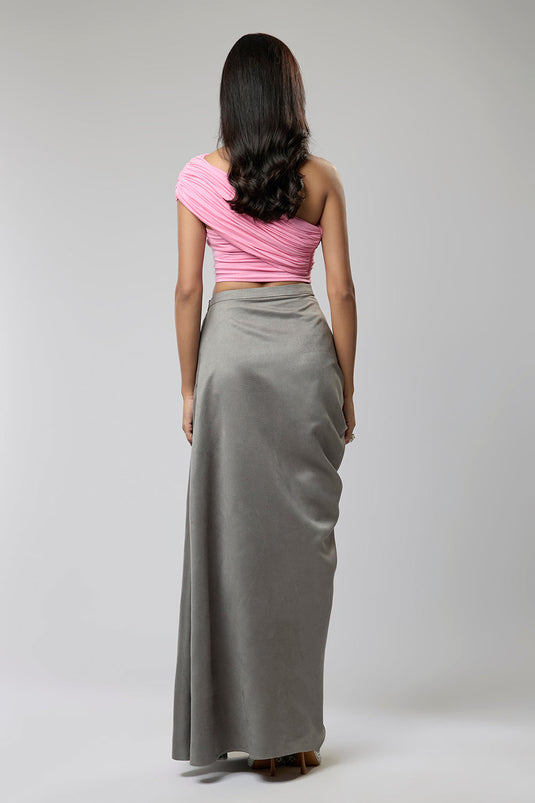 Pink & Grey One Shoulder Crop Top with High Waisted Draped Skirt