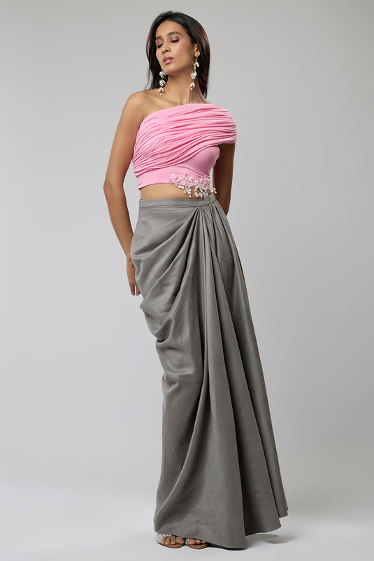 Pink & Grey One Shoulder Crop Top with High Waisted Draped Skirt