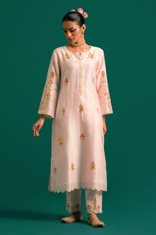 Pink hand embroidered silk chanderi kurta set