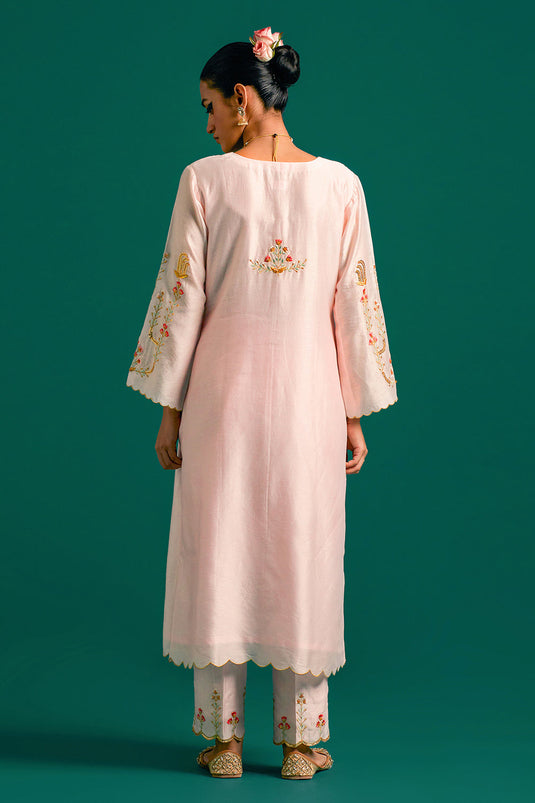 Pink hand embroidered silk chanderi kurta set