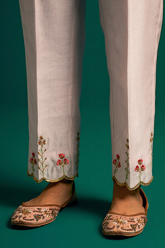 Pink hand embroidered silk chanderi kurta set