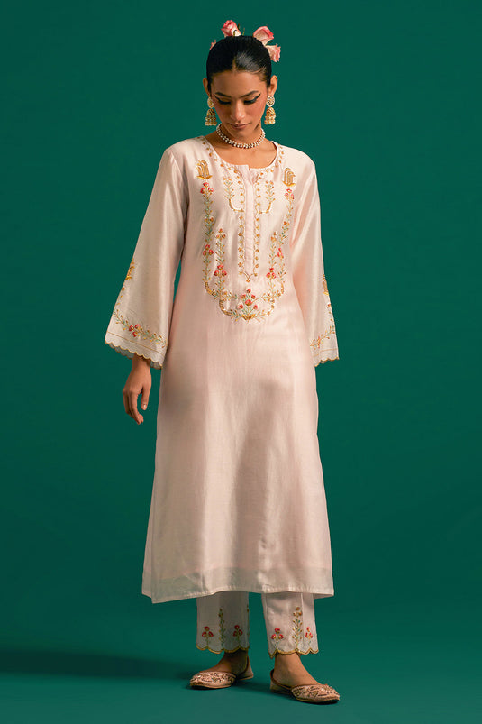 Pink hand embroidered silk chanderi kurta set