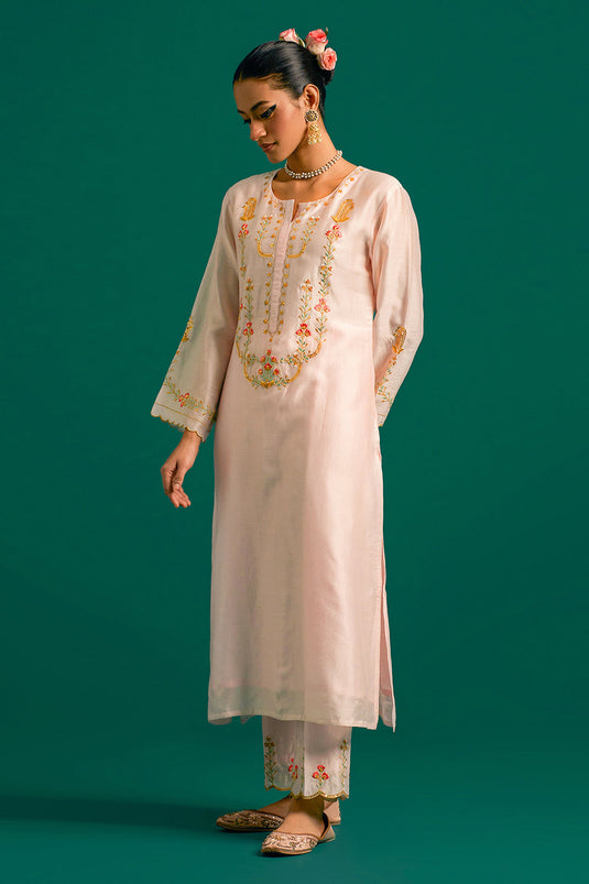 Pink hand embroidered silk chanderi kurta set