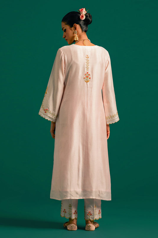 Pink hand embroidered silk chanderi kurta set