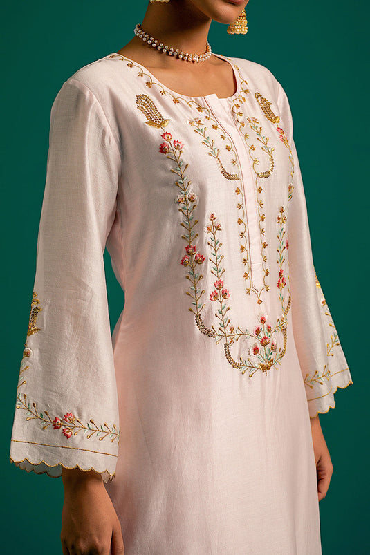 Pink hand embroidered silk chanderi kurta set
