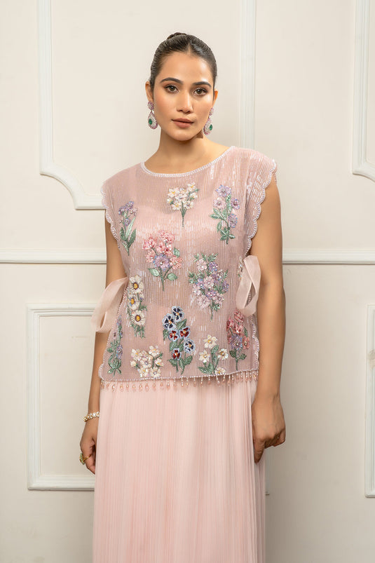 Pink Top with Pleated Skirt