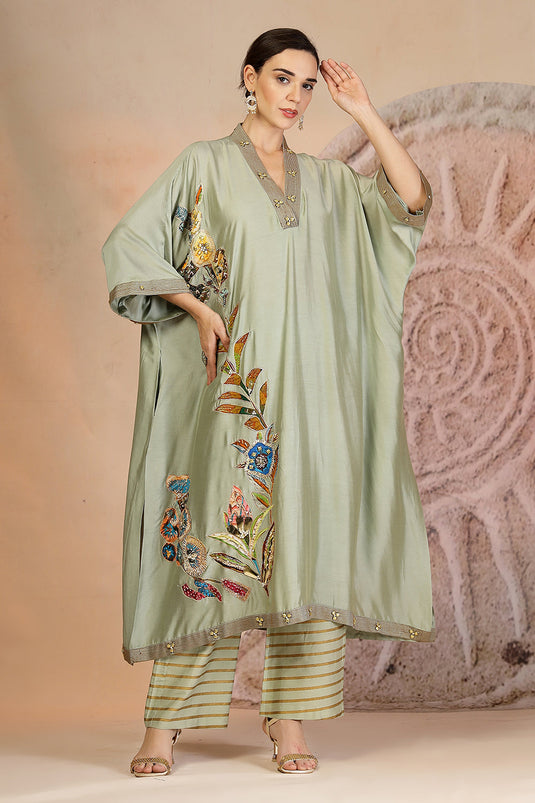 Pista Green Embroidered Kurta Set with Horizontal Stripe Pants in Muslin Silk