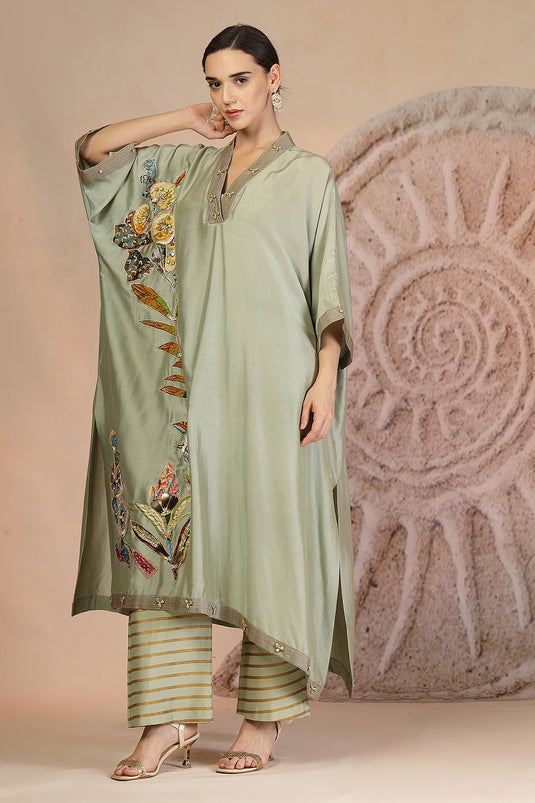 Pista Green Embroidered Kurta Set with Horizontal Stripe Pants in Muslin Silk