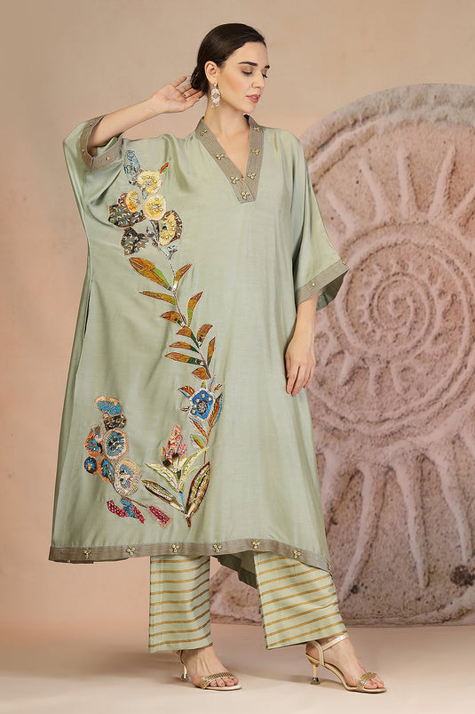 Pista Green Embroidered Kurta Set with Horizontal Stripe Pants in Muslin Silk