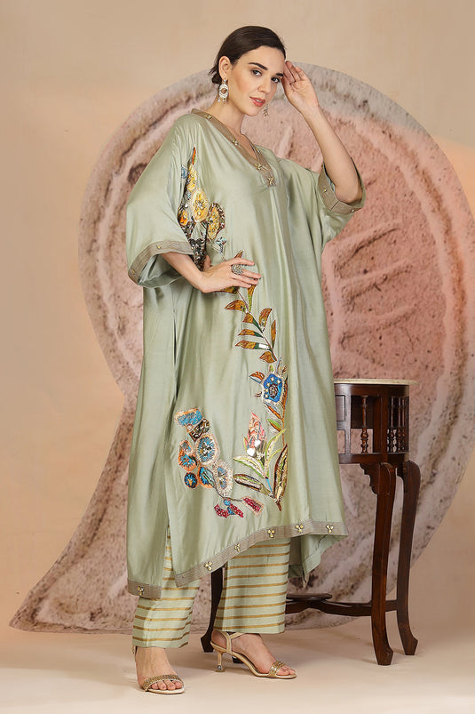 Pista Green Embroidered Kurta Set with Horizontal Stripe Pants in Muslin Silk